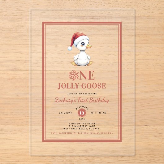 Modern Christmas First Birthday One Jolly Goose アクリル招待状 (正面)