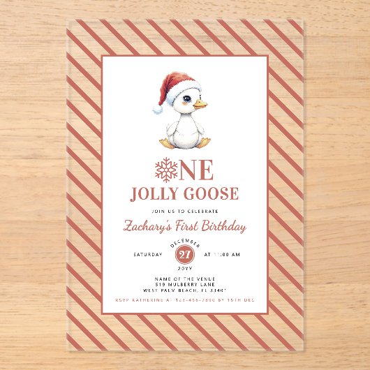 Modern Christmas First Birthday One Jolly Goose アクリル招待状 (正面)