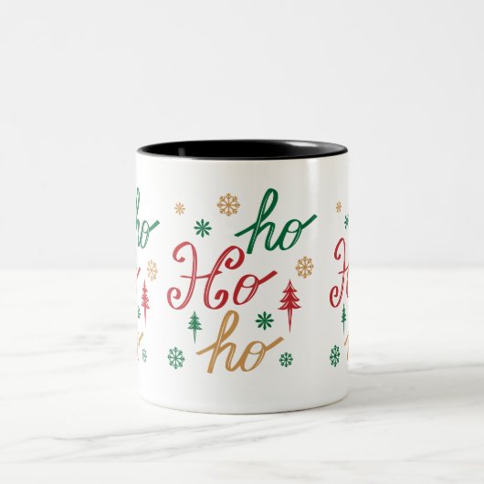 Modern Christmas Ho Ho Ho Script Pattern ツートーンマグカップ (中央)