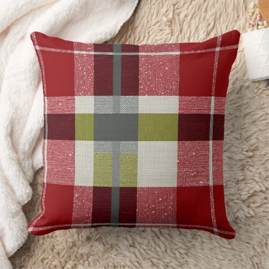 Modern Christmas Holiday Plaid Throw Pillow クッション (ブランケット)