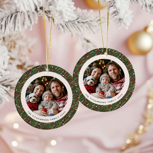 Modern Christmas Holly Foliage 2 Sided Photo セラミックオーナメント