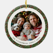 Modern Christmas Holly Foliage 2 Sided Photo セラミックオーナメント (裏面)