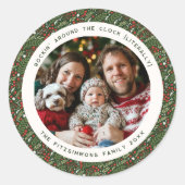 Modern Christmas Holly Foliage Photo Sticker ラウンドシール (正面)