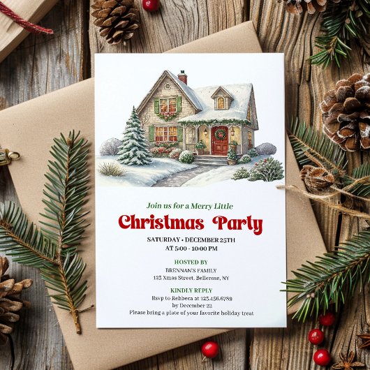 Modern christmas house invite red green minimal 招待状