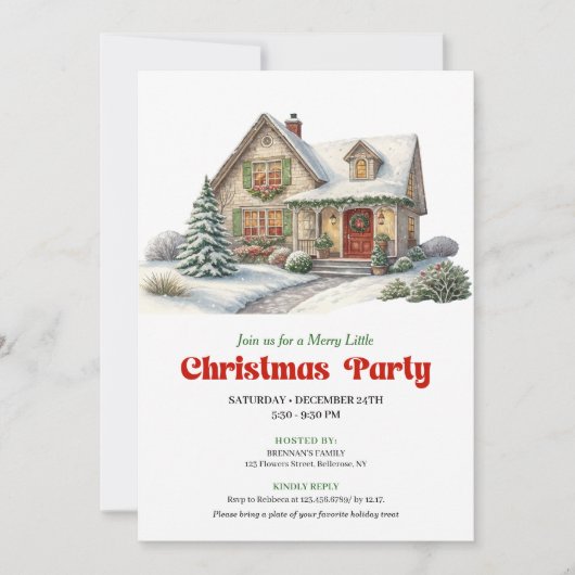 Modern christmas house invite red green minimal 招待状 (正面)