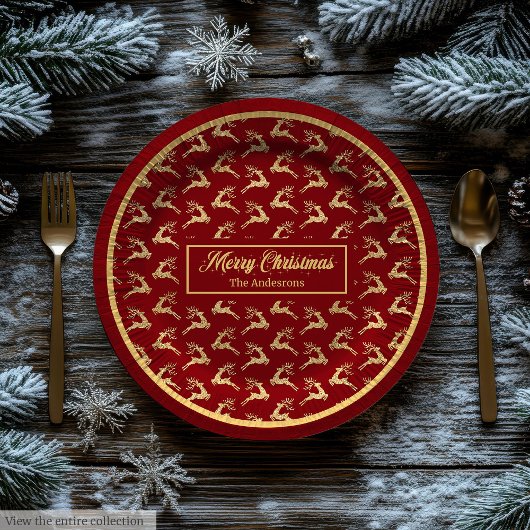 Modern Christmas Paper Plates Red & Gold Reindeer ペーパープレート