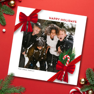 Modern Christmas Photo Card with Red Bows シーズンカード