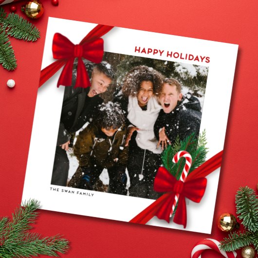 Modern Christmas Photo Card with Red Bows シーズンカード