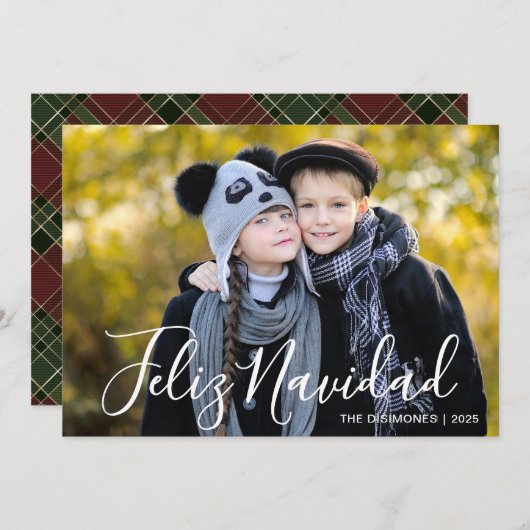Modern Christmas Photo Feliz Navidad Plaid シーズンカード (正面/裏面)