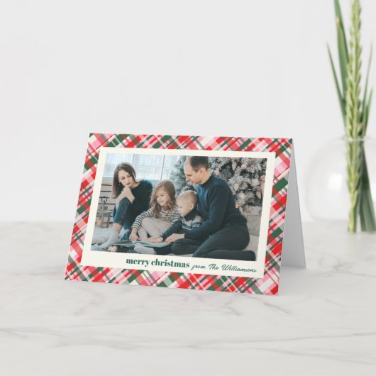 Modern Christmas Plaid Red Green Photo Folded シーズンカード (正面)