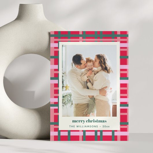 Modern Christmas Plaid Red Green Vertical Photo シーズンカード