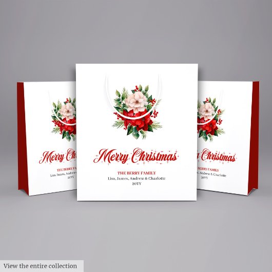 Modern Christmas Poinsettia Editable Gift Bags ミディアムペーパーバッグ