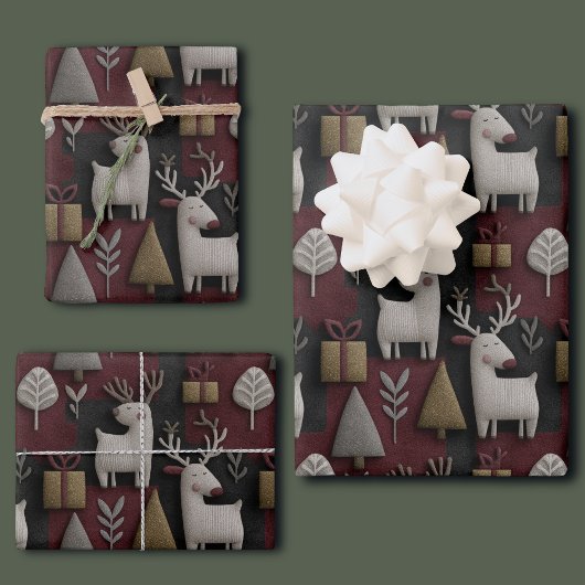 Modern Christmas Reindeer Red And Gold Pattern ラッピングペーパーシート