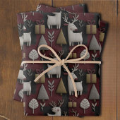 Modern Christmas Reindeer Red And Gold Pattern ラッピングペーパーシート