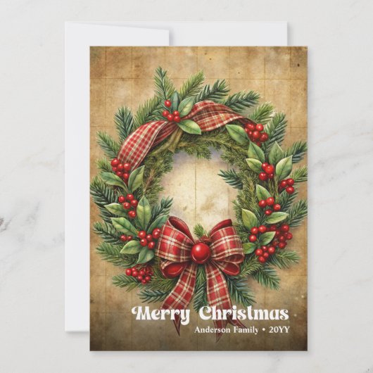 Modern Christmas rustic traditional pine wreath シーズンカード (正面)