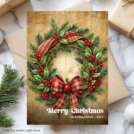 Modern Christmas rustic traditional pine wreath シーズンカード