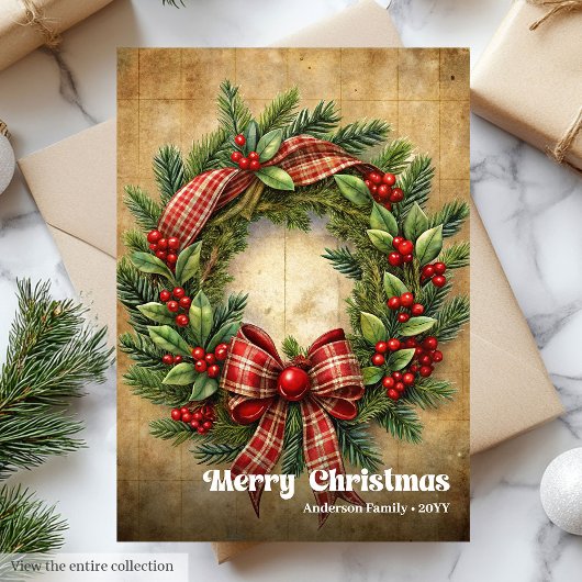 Modern Christmas rustic traditional pine wreath シーズンカード