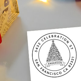 Modern Christmas Tree Family Name Return Address ラバースタンプ