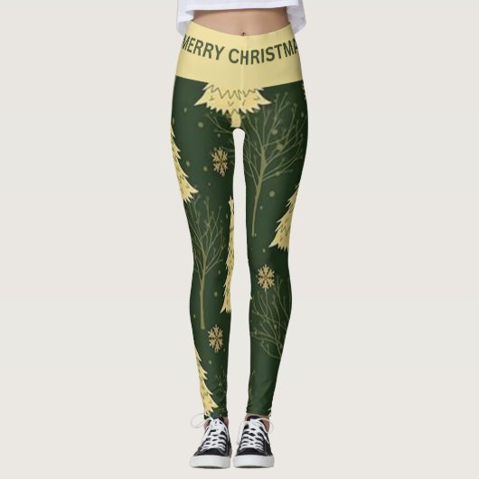 Modern Christmas Tree Pattern Leggings with Stars レギンス (正面)