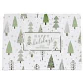 Modern Christmas Trees HAPPY HOLIDAYS Script Sage ラージペーパーバッグ (正面)