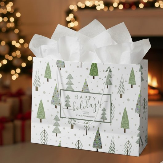 Modern Christmas Trees HAPPY HOLIDAYS Script Sage ラージペーパーバッグ