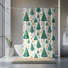Modern Christmas Trees Red Green Gold Bath Decor シャワーカーテン