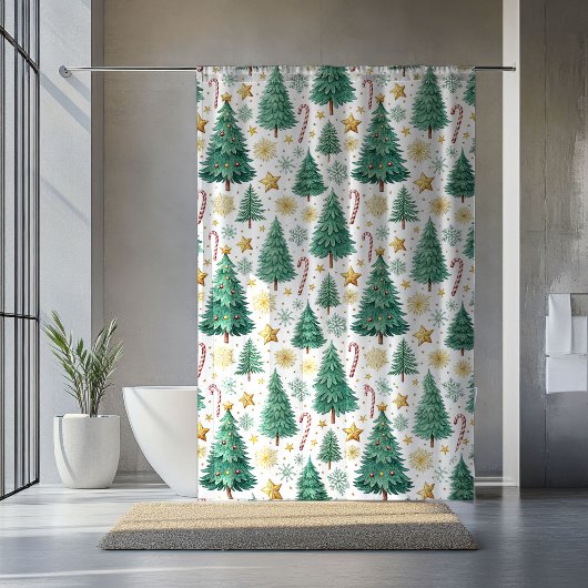 Modern Christmas Trees Red Green Gold Bath Decor シャワーカーテン