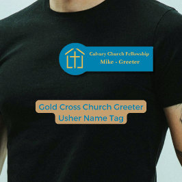 Modern Church Greeter Usher Gold Cross Name Tag 名札