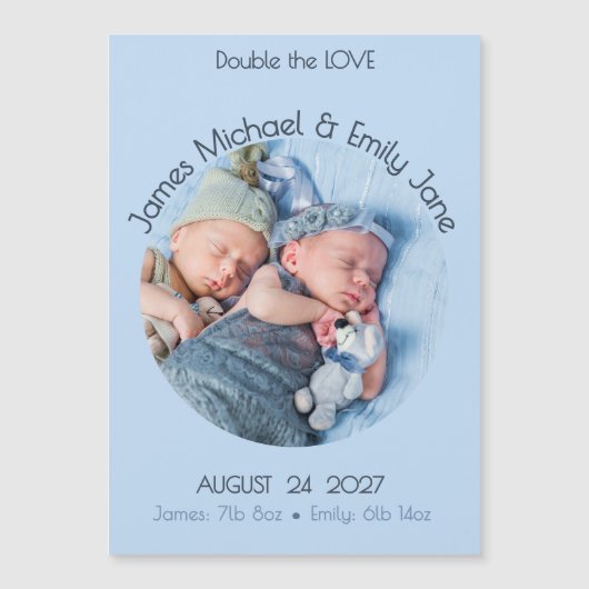 Modern Circle Photo Twin Magnet Birth Announcement (正面)