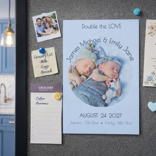 Modern Circle Photo Twin Magnet Birth Announcement