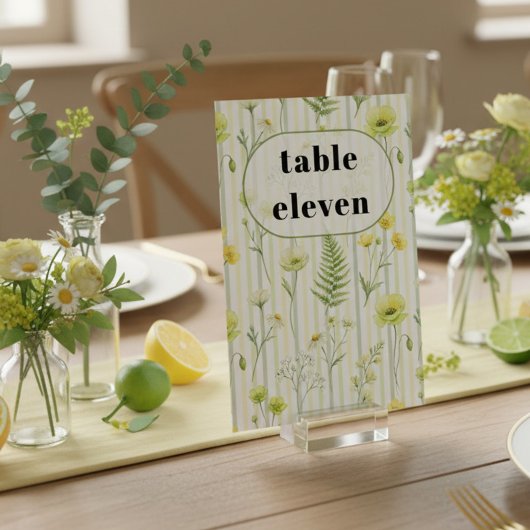 Modern Citrus Green Wildflower Stripe Wedding テーブルナンバー