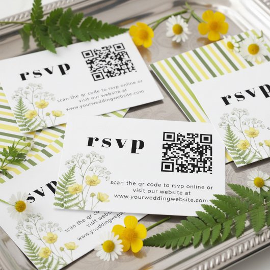 Modern Citrus Wildflower Stripe QR RSVP エンクロージャーカード