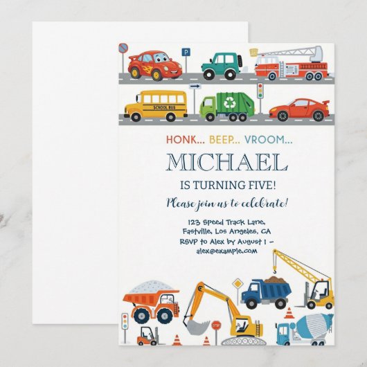 Modern City Transportation birthday Party 招待状 (正面/裏面)