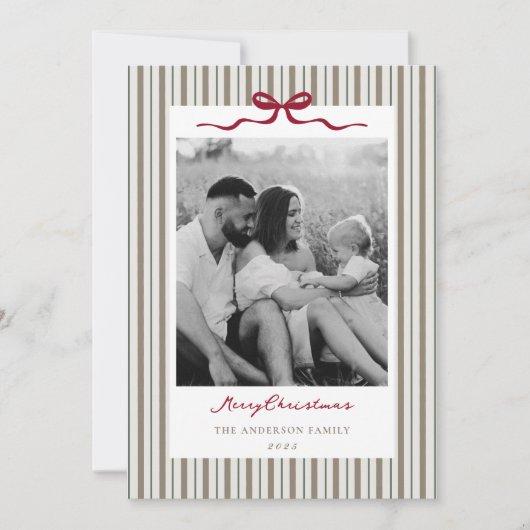 Modern Classic Bow and Stripes Two Sided Photo シーズンカード (正面)