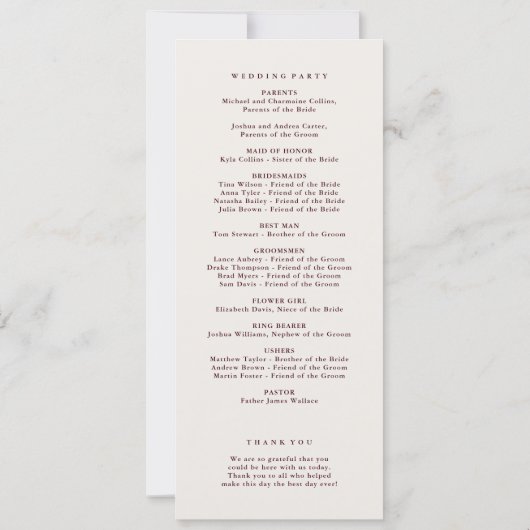Modern Classic Burgundy Wedding Ceremony Program (裏面)