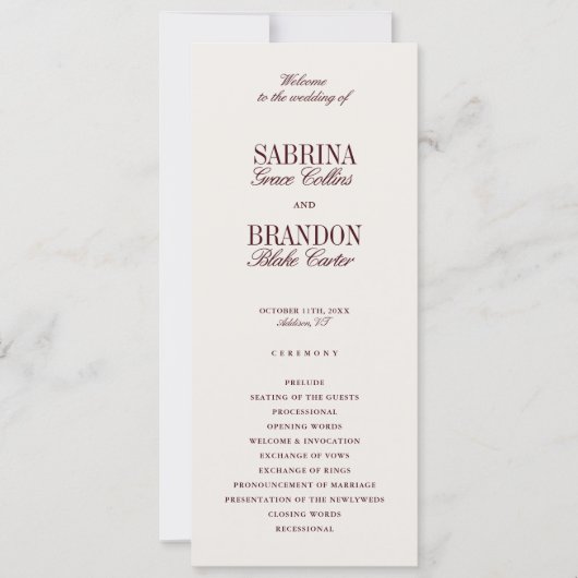 Modern Classic Burgundy Wedding Ceremony Program (正面)