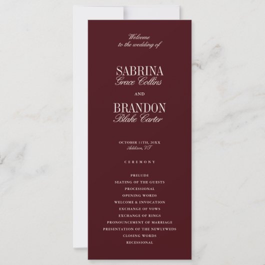 Modern Classic Burgundy Wedding Ceremony Program (正面)