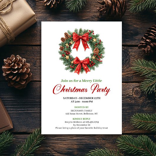 Modern Classic Christmas Wreath Party Invitation 招待状