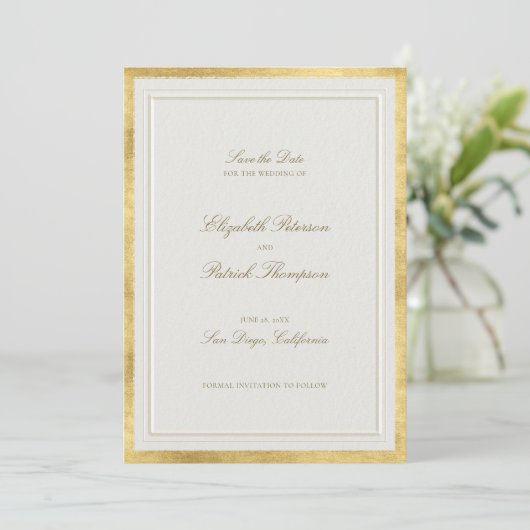 Modern Classic Formal Elevated Gold Ecru Wedding セーブザデート (スタンド正面)