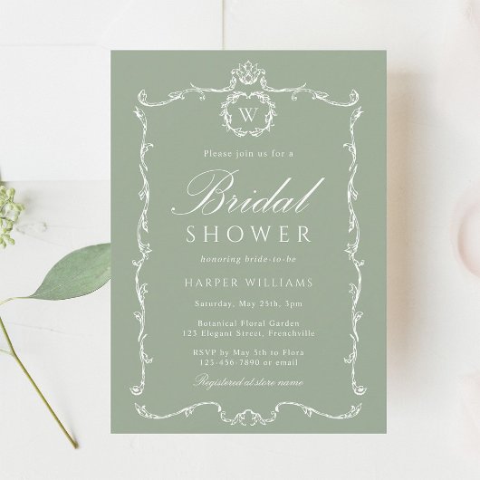 Modern Classic Frame Bridal Shower Sage Green 招待状