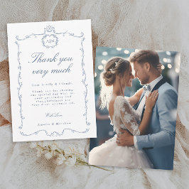 Modern Classic French Frame Blue Wedding Photo サンキューカード