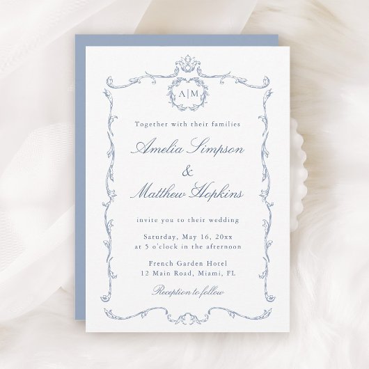 Modern Classic French Frame Wedding Dusty Blue 招待状