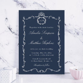 Modern Classic French Frame Wedding Navy Blue 招待状