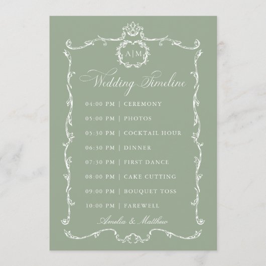 Modern Classic French Sage Green Wedding Timeline プログラム (正面)