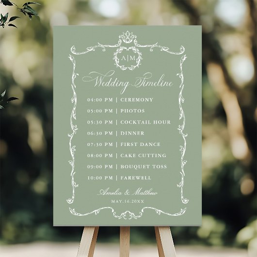 Modern Classic French Sage Green Wedding Timeline ポスター