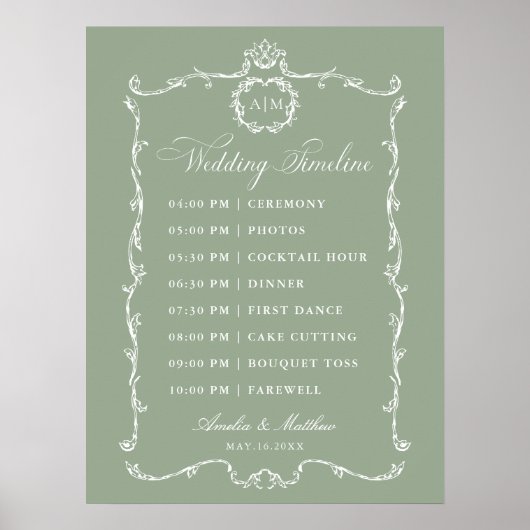 Modern Classic French Sage Green Wedding Timeline ポスター (正面)