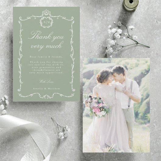 Modern Classic French Wedding Photo Sage Green サンキューカード