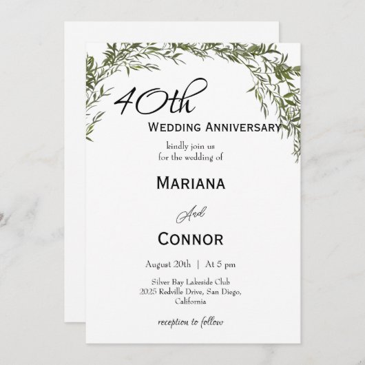 Modern Classic Greenery Wedding Anniversary  招待状 (正面/裏面)