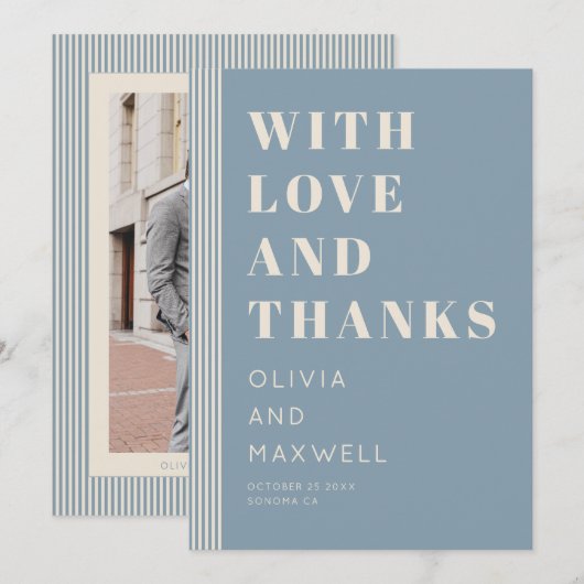 Modern Classic Love and Thanks Blue Striped サンキューカード (正面/裏面)