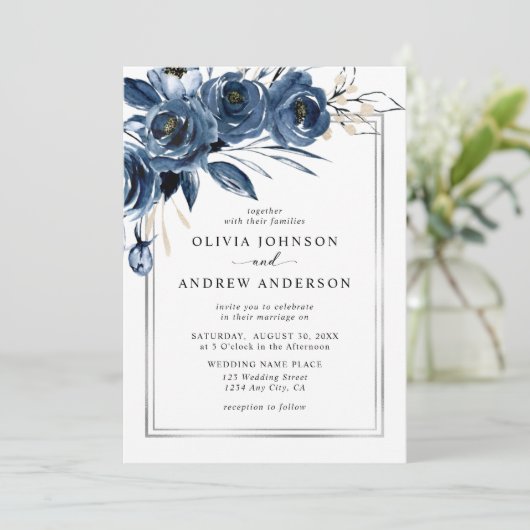 Modern Classic Navy Blue & Silver Floral Wedding 招待状 (スタンド正面)